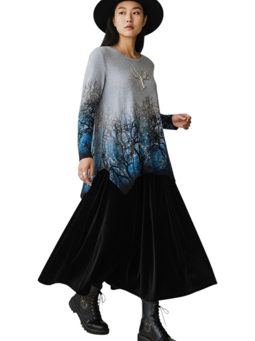 Orange Fashion Village Sharkbite Tunic Sweater Hem Night Forest Print Whimsigoth